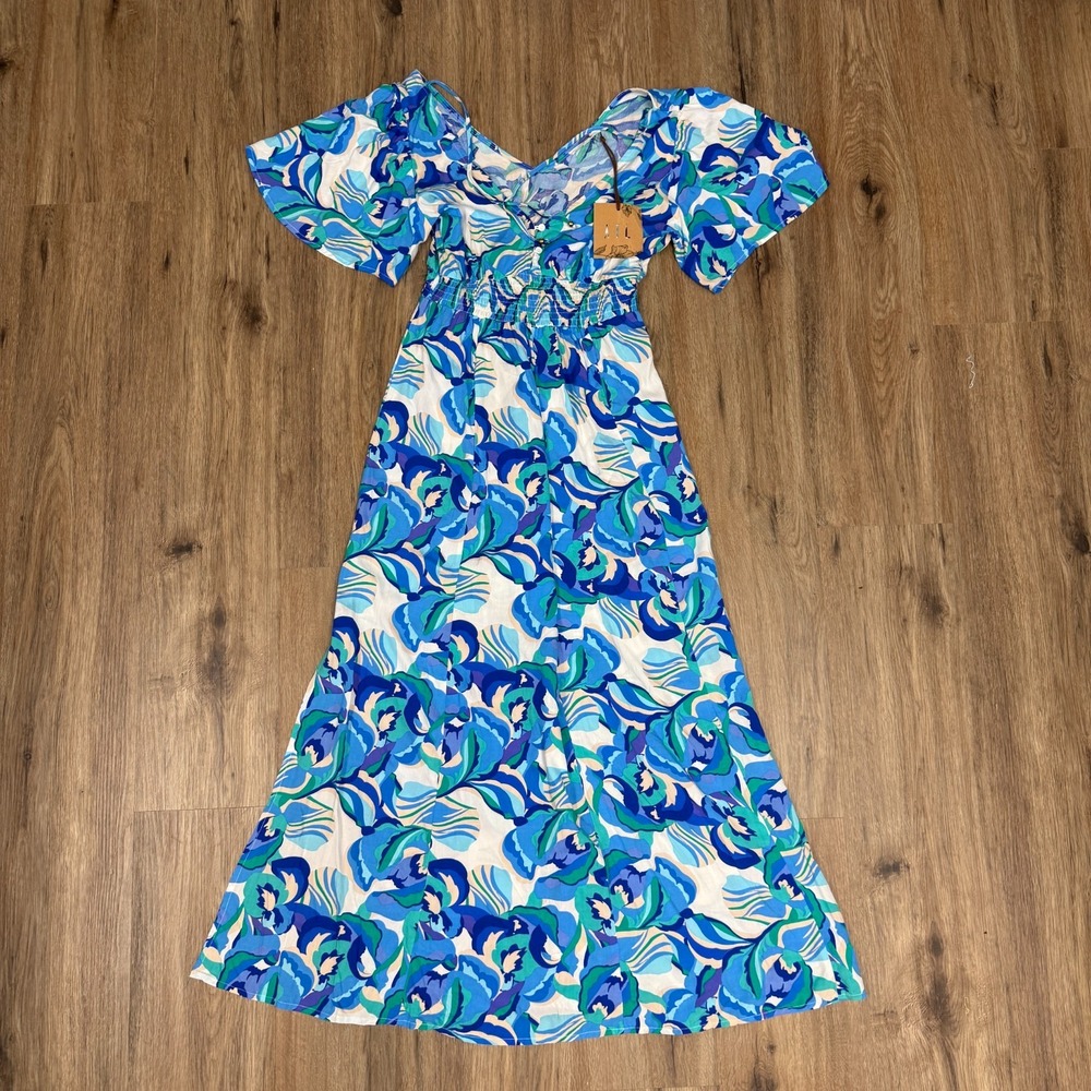 Abel The Label Floral Maxi Dress XS Blue White Smocked Flutter Sleeve ATL0511
